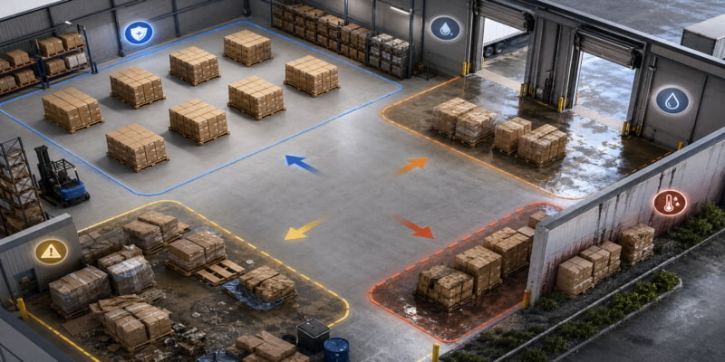 Warehouse risk map showing corrugated box pallets in protected, dock, overflow, and wall-adjacent storage zones.