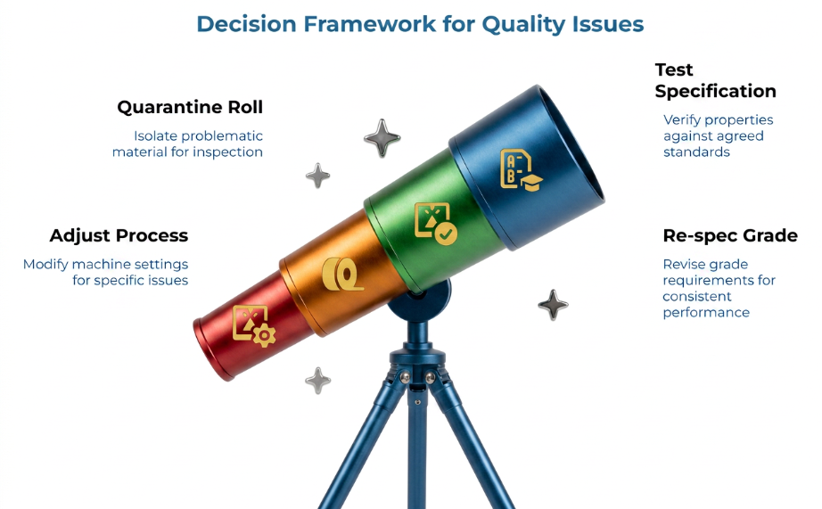 “Decision Framework for Quality Issues” showing a telescope with four actions for paper roll problems: quarantine the roll for inspection, adjust machine settings, test properties against specifications, and re-spec the grade for consistent performance.