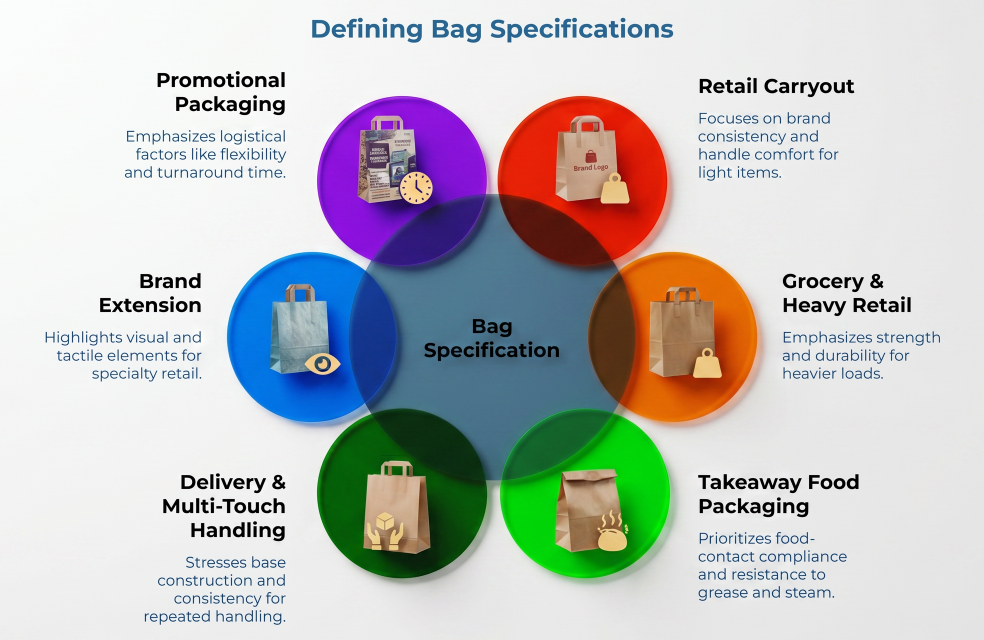 “Defining Bag Specifications” showing six overlapping use cases around a central bag specification: promotional packaging, retail carryout, grocery and heavy retail, takeaway food packaging, delivery handling, and brand extension.