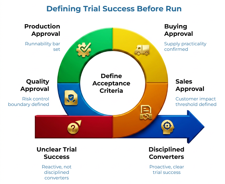 “Defining Trial Success Before Run” showing a circular approval workflow around “Define Acceptance Criteria,” with production, buying, quality, and sales approvals. A red-to-blue arrow contrasts unclear trial success with disciplined converters and proactive trial control.
