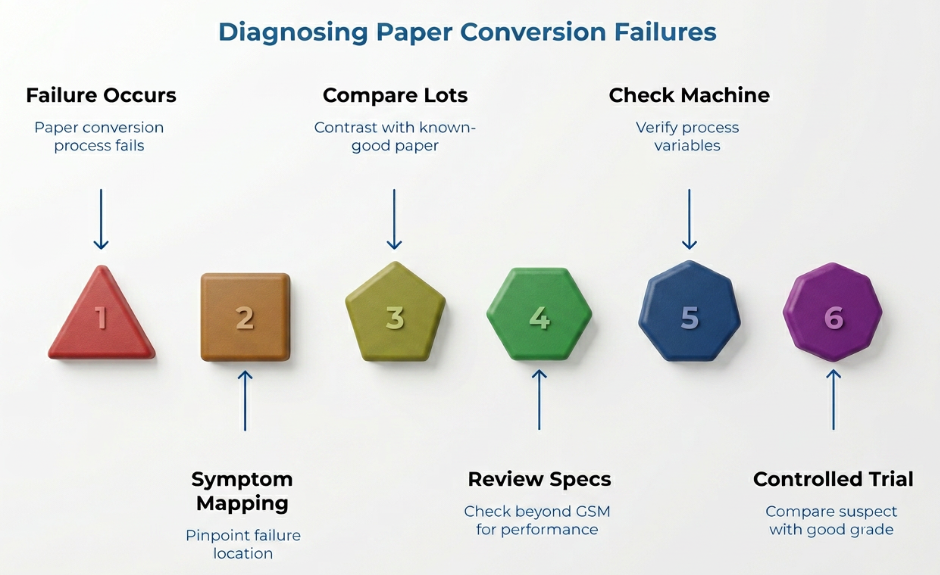 “Diagnosing Paper Conversion Failures” showing a six-step troubleshooting flow: failure occurs, map the symptom location, compare lots with known-good paper, review specs beyond GSM, check machine process variables, and run a controlled suspect-versus-good grade trial.