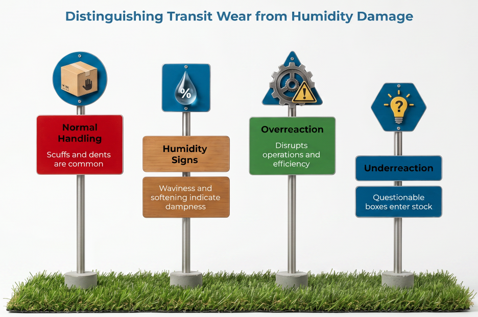 “Distinguishing Transit Wear from Humidity Damage,” showing signposts comparing normal handling scuffs, humidity signs like waviness and softness, and risks of overreaction or underreaction.