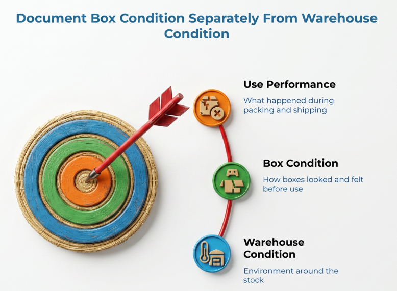 “Document Box Condition Separately From Warehouse Condition” showing a target and three linked checkpoints: warehouse condition, box condition, and use performance during packing and shipping.