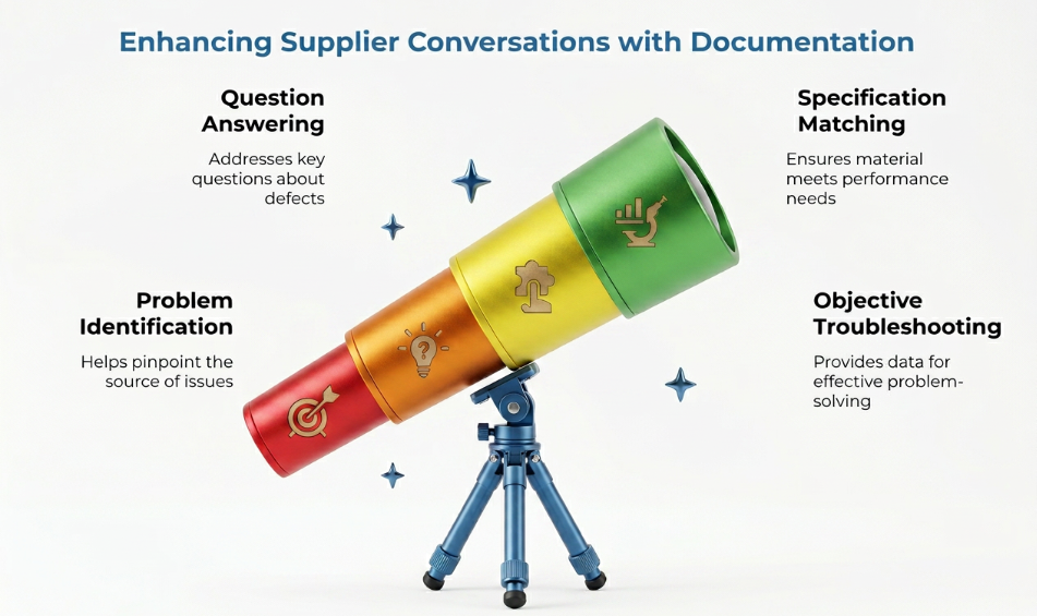 “Enhancing Supplier Conversations with Documentation” showing a telescope and four benefits of documentation: identifying problems, answering defect questions, matching specifications to performance needs, and enabling objective troubleshooting with data.