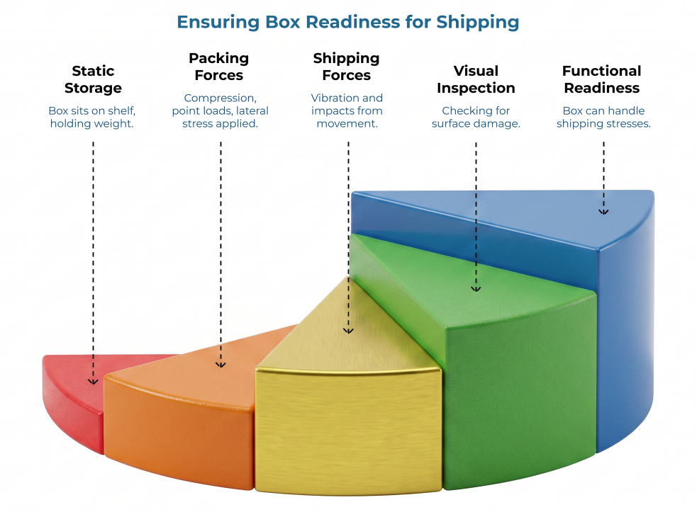 “Ensuring Box Readiness for Shipping” showing a rising five-part chart for static storage, packing forces, shipping forces, visual inspection, and functional readiness, explaining how boxes move from shelf weight to shipment stress checks.