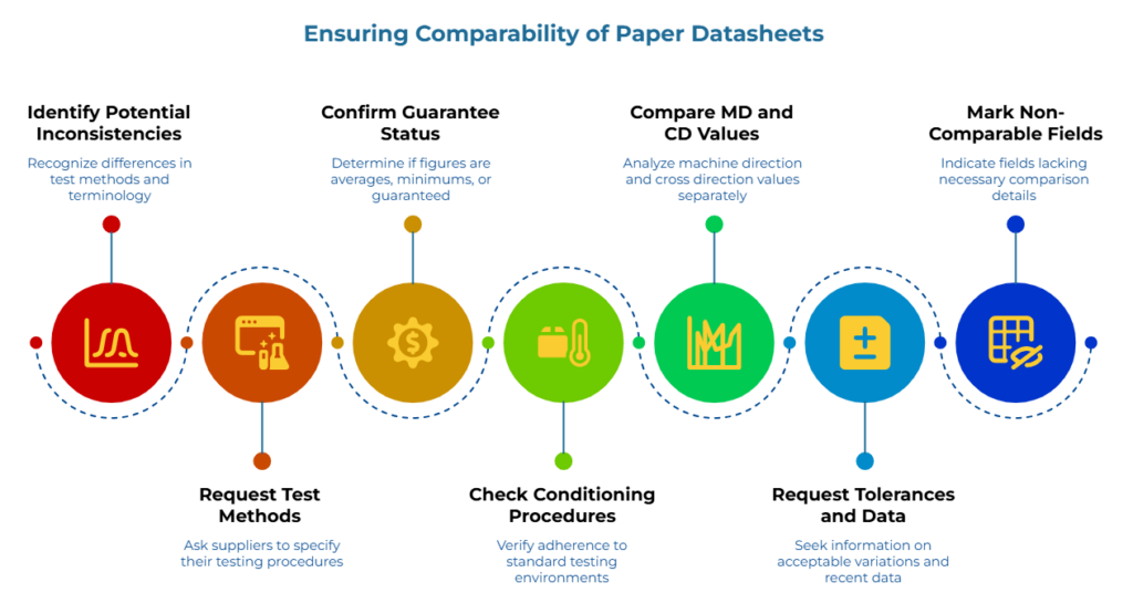“Ensuring Comparability of Paper Datasheets” showing seven checks: compare test methods and terms, request supplier testing procedures, identify average or guaranteed values, verify standard testing environments, separate machine and cross-direction data, review acceptable variation, and flag missing fields.