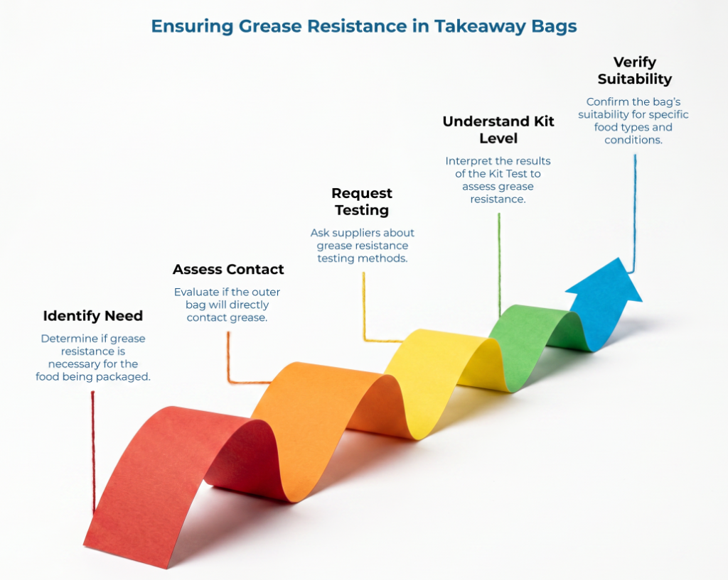 “Ensuring Grease Resistance in Takeaway Bags” showing a rising colored paper path with five steps: identify grease-resistance need, assess grease contact, request testing, understand Kit Level results, and verify suitability for food types.