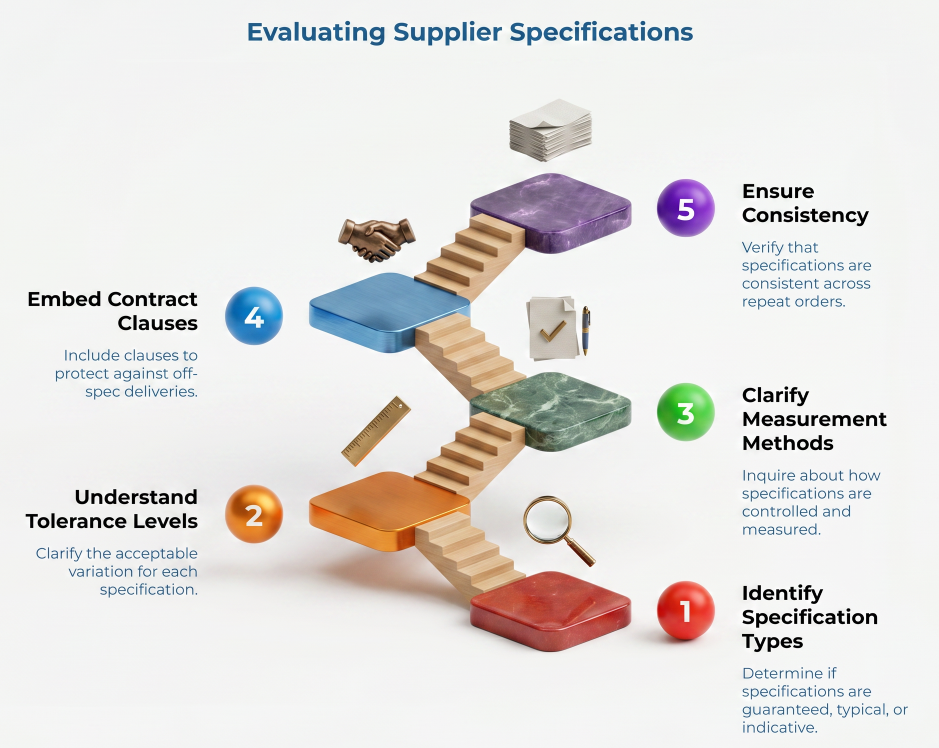 “Evaluating Supplier Specifications” showing a five-step stairway process: identify whether specs are guaranteed, typical or indicative; clarify tolerance levels; confirm measurement methods; add contract clauses for off-spec deliveries; and ensure repeat-order consistency.
