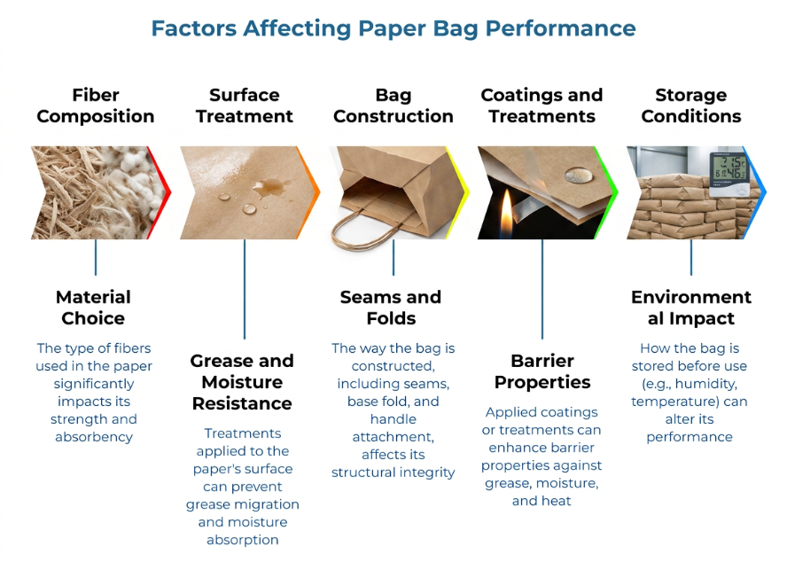 “Factors Affecting Paper Bag Performance” showing five drivers: fiber composition, surface treatment, bag construction, coatings and treatments, and storage conditions, with notes on strength, grease and moisture resistance, barrier properties, and environmental impact.