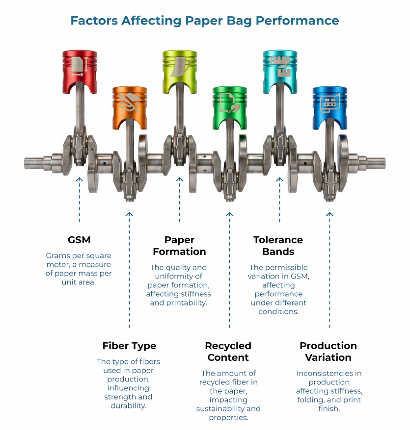 “Factors Affecting Paper Bag Performance” showing six piston-like components labeled GSM, fiber type, paper formation, recycled content, tolerance bands, and production variation as key drivers of bag strength, stiffness, printability, and durability.