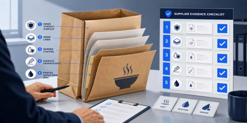 Food-service paper bag layers reviewed against supplier evidence checklist on a QA desk