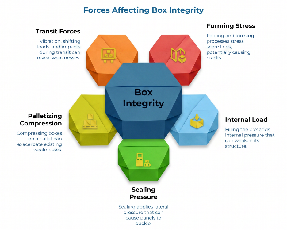 “Forces Affecting Box Integrity” showing a central box surrounded by five stress factors: transit forces, forming stress, internal load, sealing pressure, and palletizing compression that can weaken packaging structure.