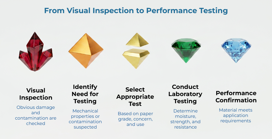 “From Visual Inspection to Performance Testing” showing five gemstone stages: visual inspection, identify need for testing, select appropriate test, conduct laboratory testing, and confirm performance requirements.