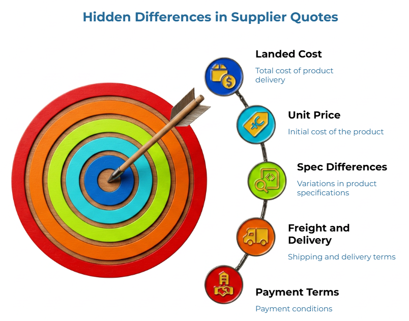 “Hidden Differences in Supplier Quotes” showing an arrow hitting a layered target beside five quote comparison factors: landed cost, unit price, spec differences, freight and delivery, and payment terms, emphasizing total quote normalization beyond price.