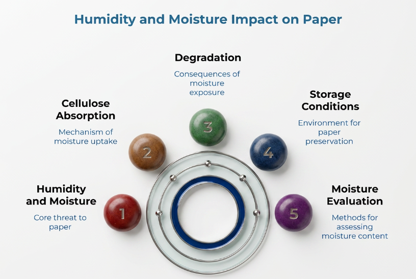 “Moisture and Humidity Risks in Kraft Paper Storage” showing a timeline of risks from gradual humidity absorption to visible moisture damage, mold growth, conversion issues, condensation risks, and ongoing temperature and humidity fluctuations affecting paper performance.