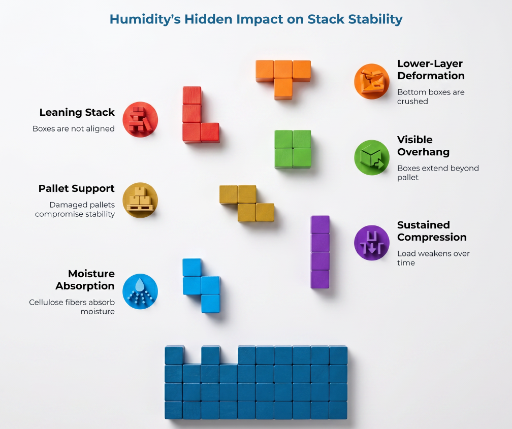 “Humidity’s Hidden Impact on Stack Stability” showing colored block stacks and warning points: moisture absorption, pallet support, leaning stack, lower-layer deformation, visible overhang, and sustained compression.