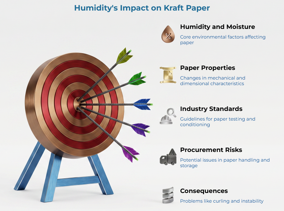 “Humidity’s Impact on Kraft Paper” showing arrows striking a target and five linked areas: humidity and moisture, paper properties, industry standards, procurement risks, and consequences such as curling, instability, and handling issues.