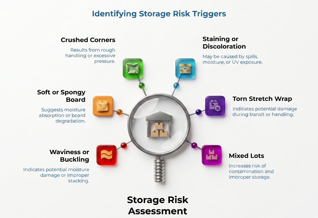 “Identifying Storage Risk Triggers” showing a magnifying glass over warehouse boxes with six warning signs: crushed corners, staining or discoloration, torn stretch wrap, mixed lots, waviness or buckling, and soft or spongy board.