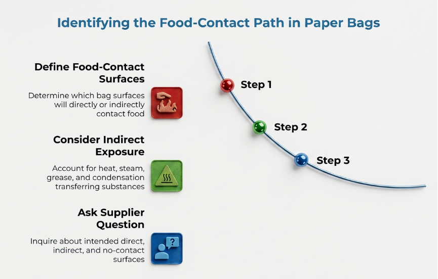 “Identifying the Food-Contact Path in Paper Bags” showing three steps: define direct food-contact surfaces, consider indirect exposure from heat, steam, grease, or condensation, and ask suppliers about direct, indirect, and non-contact surfaces.