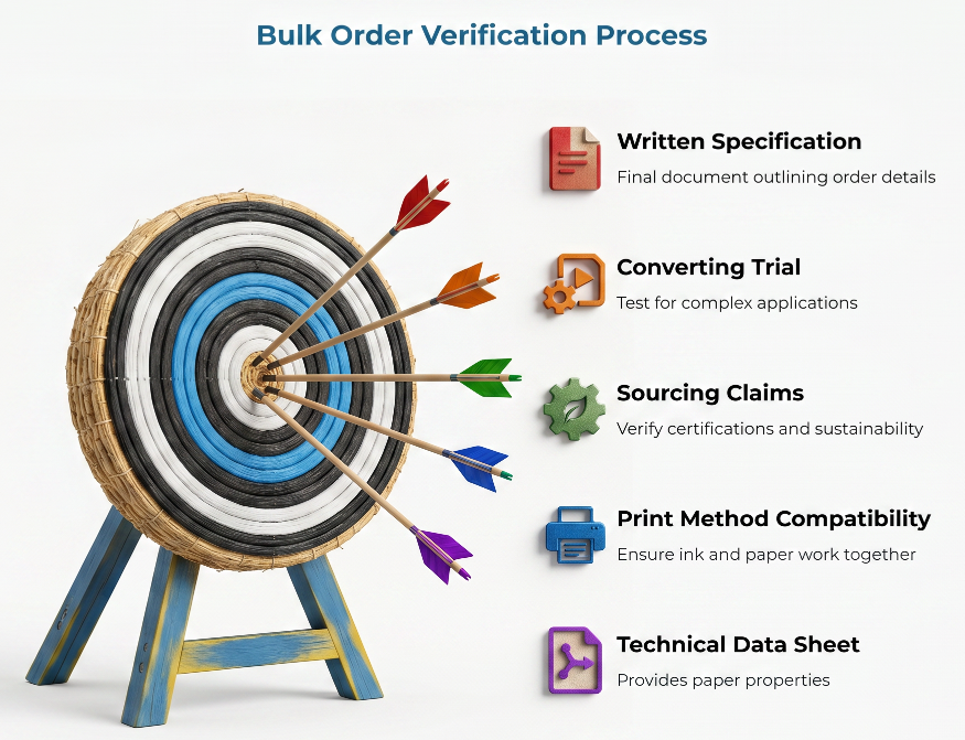 Bulk Order Verification Process” showing a target with arrows and five verification items: written specification, converting trial, sourcing claims for certifications and sustainability, print method compatibility, and technical data sheet for paper properties.