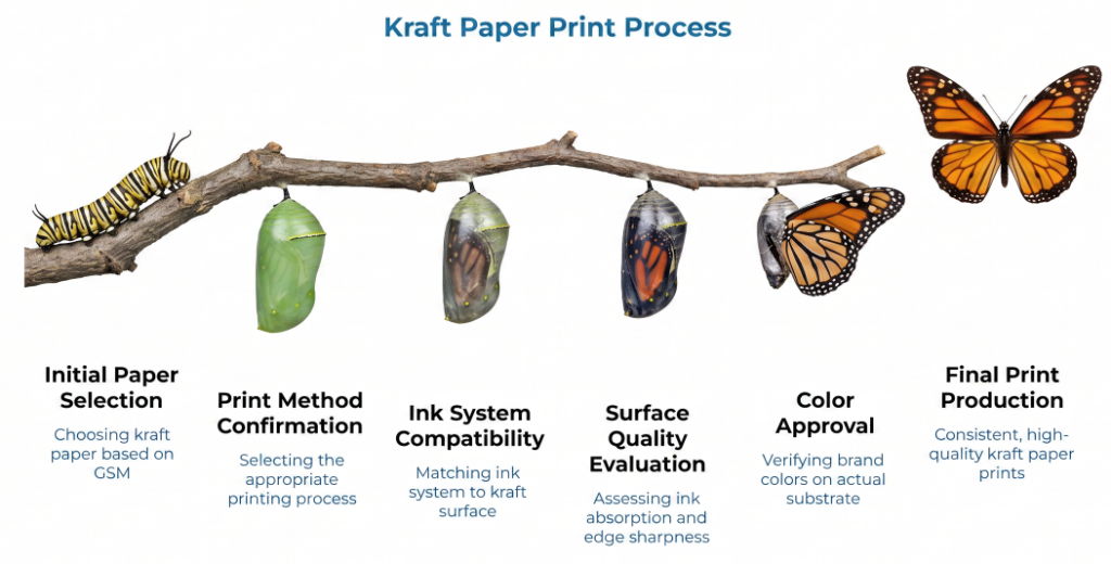 Kraft Paper Print Process” using a caterpillar-to-butterfly lifecycle visual to show six print steps: select kraft paper by GSM, confirm print method, match ink to surface, evaluate absorption and edge sharpness, approve color on substrate, and produce consistent final prints.