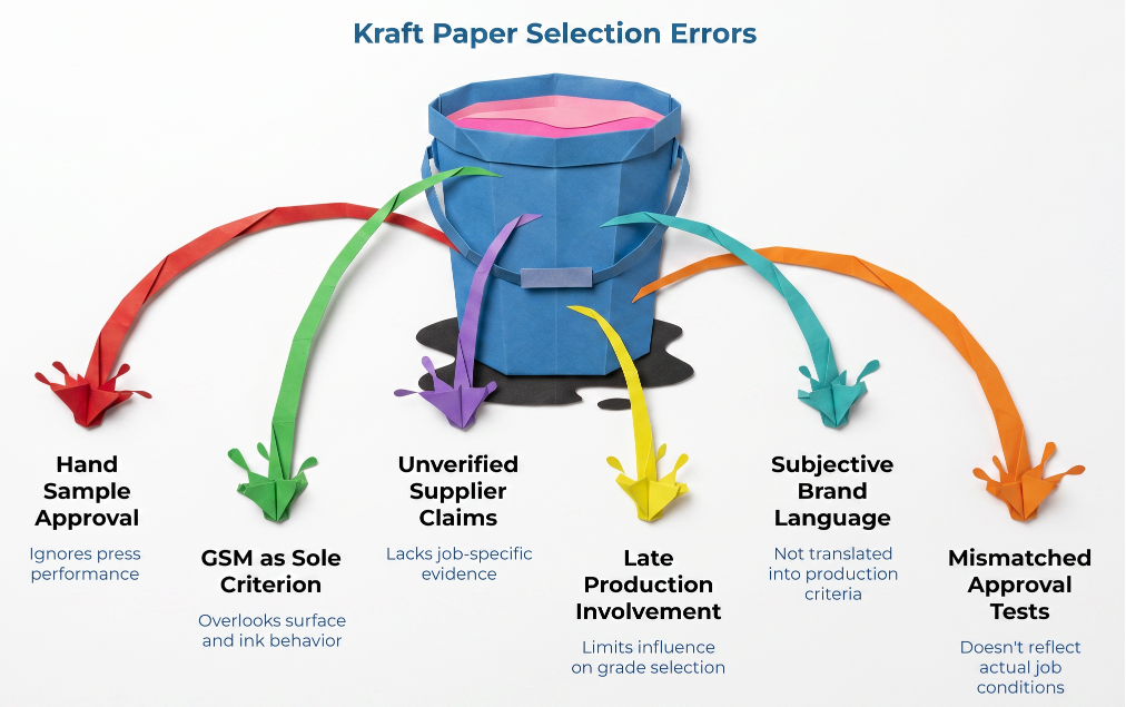 Kraft Paper Selection Errors” showing a leaking paper bucket with arrows to six mistakes: hand sample approval, GSM as sole criterion, unverified supplier claims, late production involvement, subjective brand language, and mismatched approval tests.