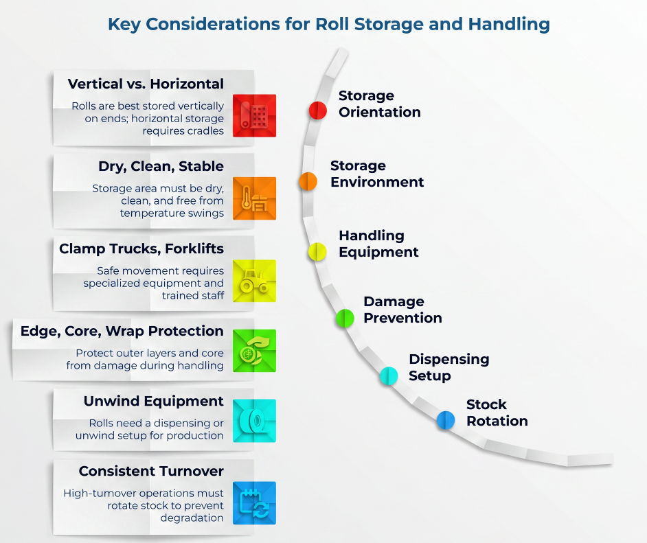 “Key Considerations for Roll Storage and Handling” showing a curved checklist for paper rolls: storage orientation, environment, handling equipment, damage prevention, dispensing setup, and stock rotation, with notes on vertical storage, clean conditions, and protection.