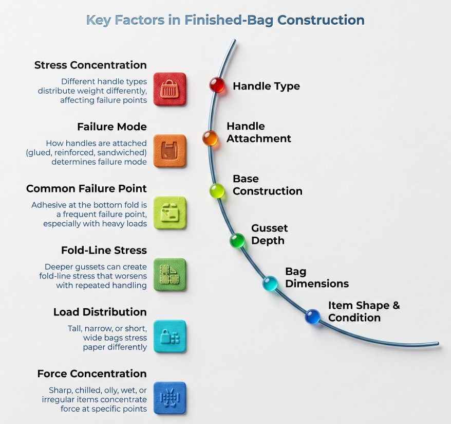 “Key Factors in Finished-Bag Construction” showing a curved workflow of handle type, handle attachment, base construction, gusset depth, bag dimensions, and item shape, with related stress, failure, fold-line, load, and force concentration risks.