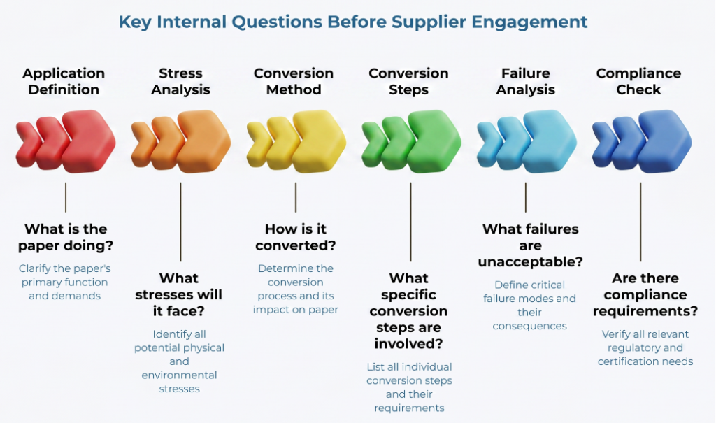 “Key Internal Questions Before Supplier Engagement” showing six colored arrow groups: application definition, stress analysis, conversion method, conversion steps, failure analysis, and compliance check, each paired with paper sourcing questions.
