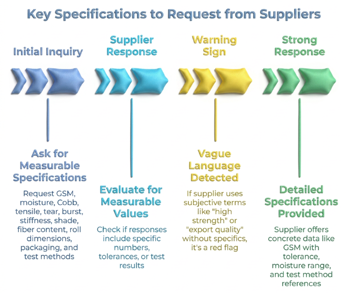 “Key Specifications to Request from Suppliers” showing four stages: ask for measurable paper specs, evaluate supplier responses for values and tolerances, flag vague claims like “high strength,” and prefer detailed specs with GSM, moisture range, and test methods.
