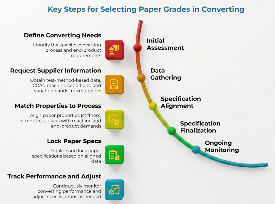 “Key Steps for Selecting Paper Grades in Converting” showing a five-step process: define converting needs, request supplier test data and COAs, match paper properties to process demands, lock aligned specifications, and monitor performance for ongoing adjustments.