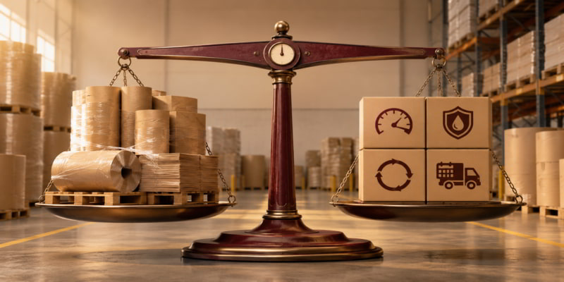 Balance scale in a warehouse weighing kraft paper rolls against storage and delivery control icons