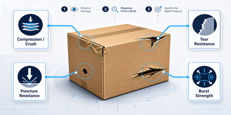 Diagnostic illustration mapping carton damage types to Kraft paper durability properties.