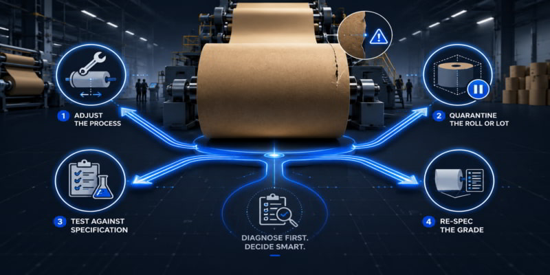 Kraft paper roll on a converting line with four diagnostic paths for process, quarantine, testing, and re-spec decisions.