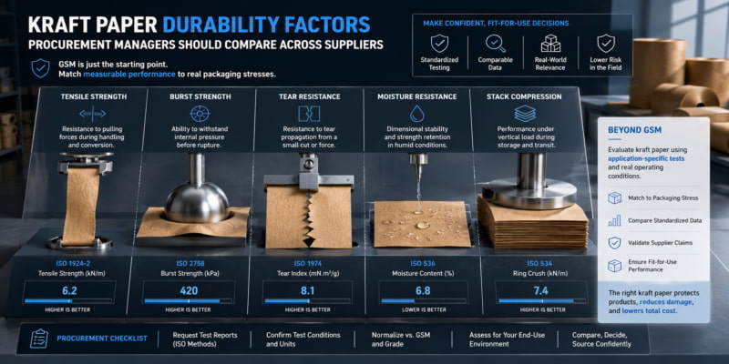 Kraft paper samples tested for tensile, tear, burst, moisture, and stacking durability on an industrial comparison bench.