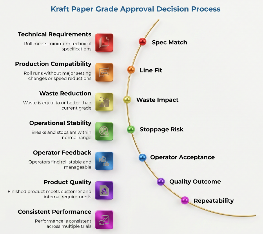 “Kraft Paper Grade Approval Decision Process” showing seven approval criteria with colored icons: technical requirements, production compatibility, waste reduction, operational stability, operator feedback, product quality, and consistent performance mapped to trial outcomes.