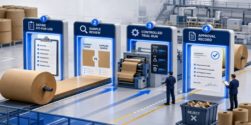 Kraft paper roll moving through a four-step grade approval workflow on a production line.