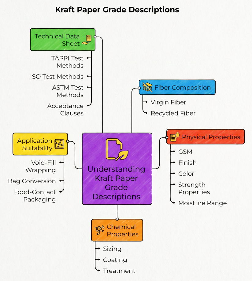 “Kraft Paper Grade Descriptions” showing a mind map of key grade fields: technical data sheets with TAPPI, ISO, ASTM and acceptance clauses; fiber composition; physical properties such as GSM, finish, color, strength and moisture; chemical properties; and application suitability.