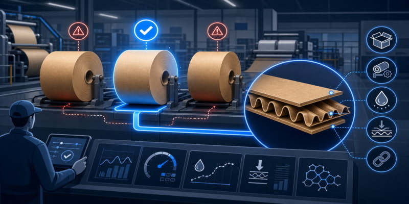 Stylized control room showing kraft paper reels being matched to corrugated board grade requirements.
