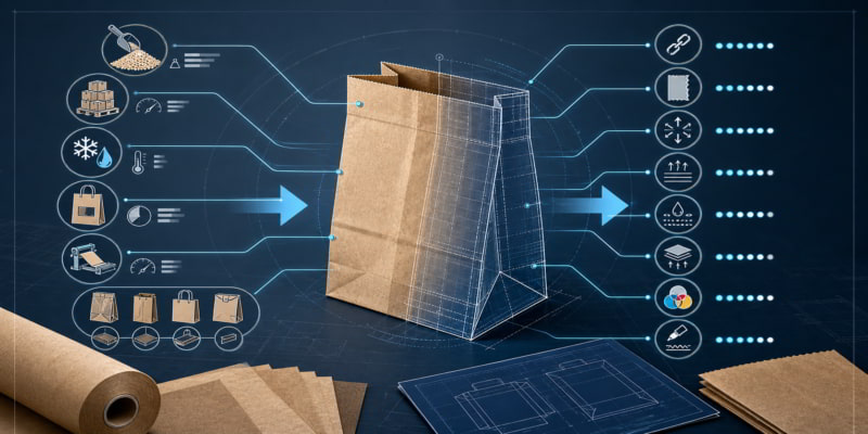 Technical blueprint-style illustration of kraft paper bag grade selection based on application and paper properties.