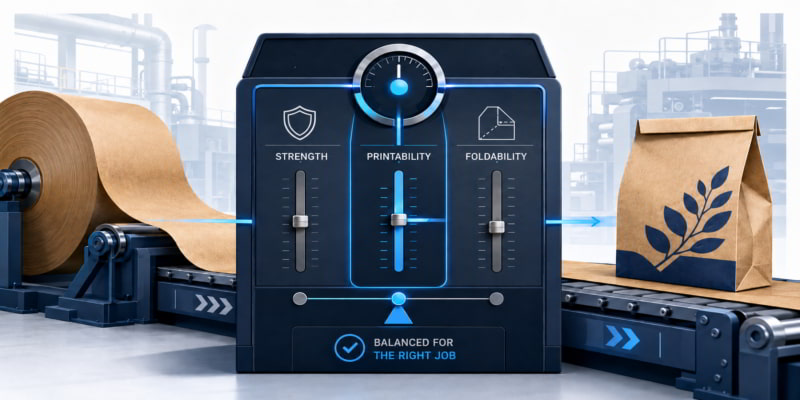 Kraft paper roll passing through a grade selection control panel to produce a finished paper bag.