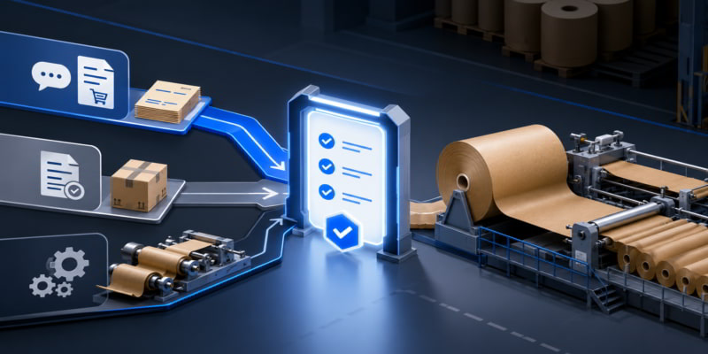 Three workflow streams converge at a glowing checklist gate before a kraft paper converting line.