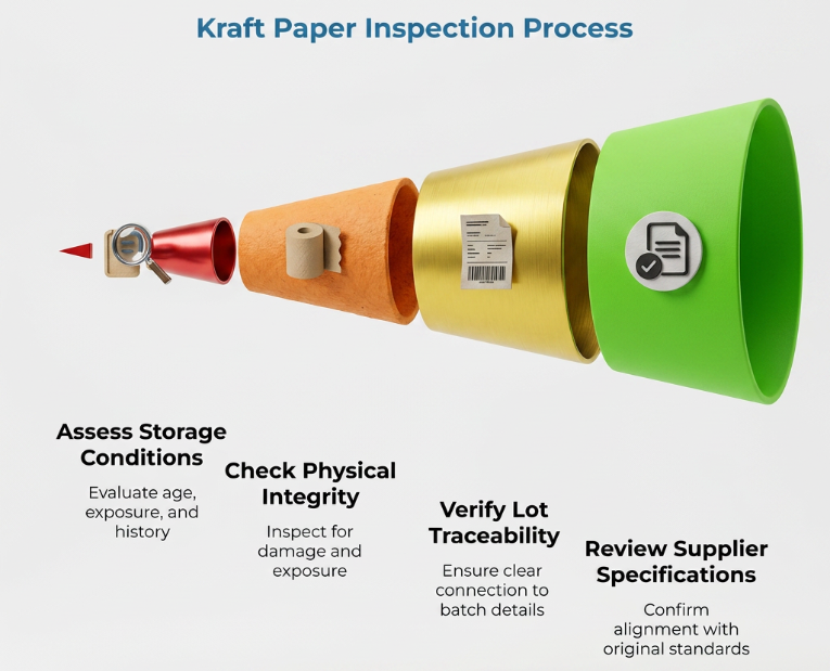 “Kraft Paper Inspection Process” showing four funnel-like inspection stages: assess storage conditions, check physical integrity, verify lot traceability, and review supplier specifications.