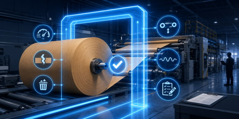 Kraft paper jumbo roll passing through a glowing inspection gate on a converting line with evidence icons.