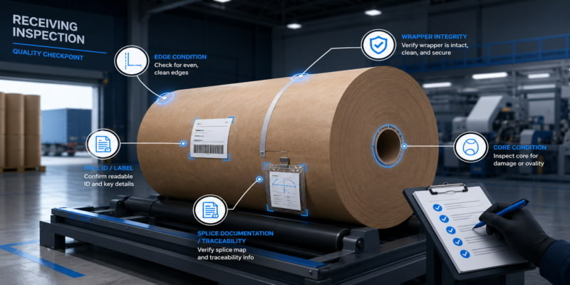 Kraft paper jumbo roll at receiving inspection with callouts for edge, wrapper, core, label, and traceability checks.