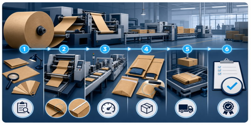 Six-stage kraft paper qualification line showing roll, machine trials, mailer testing, shipping simulation, and approval.