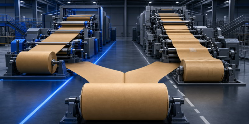 Stylized kraft paper roll feeding two converting lines, one running smoothly and one showing web instability.