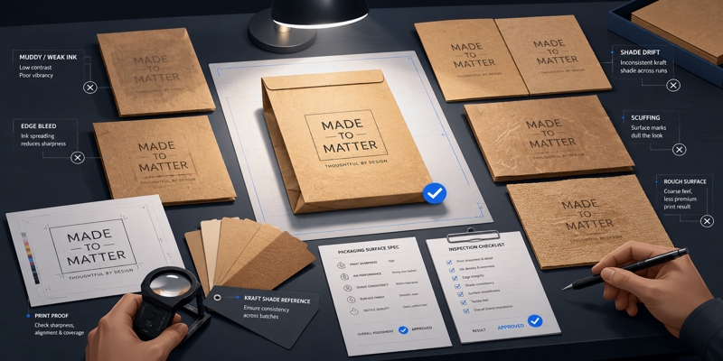 Quality-control desk showing kraft paper packaging samples labeled “Made to Matter,” with inspection notes for ink, edge bleed, shade drift, scuffing, rough surface, print proof, and kraft shade consistency.