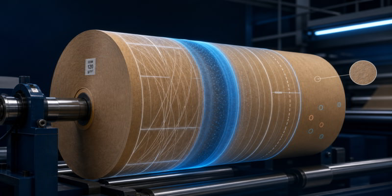 Kraft paper parent roll with diagnostic overlays showing hidden strength, moisture, winding, and surface quality factors.