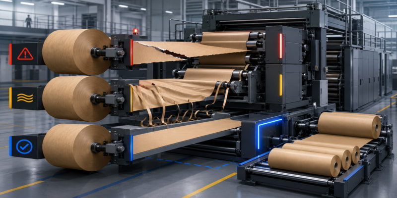 Three kraft paper parent rolls run through a converting line, showing defects in two rolls and smooth output in one.